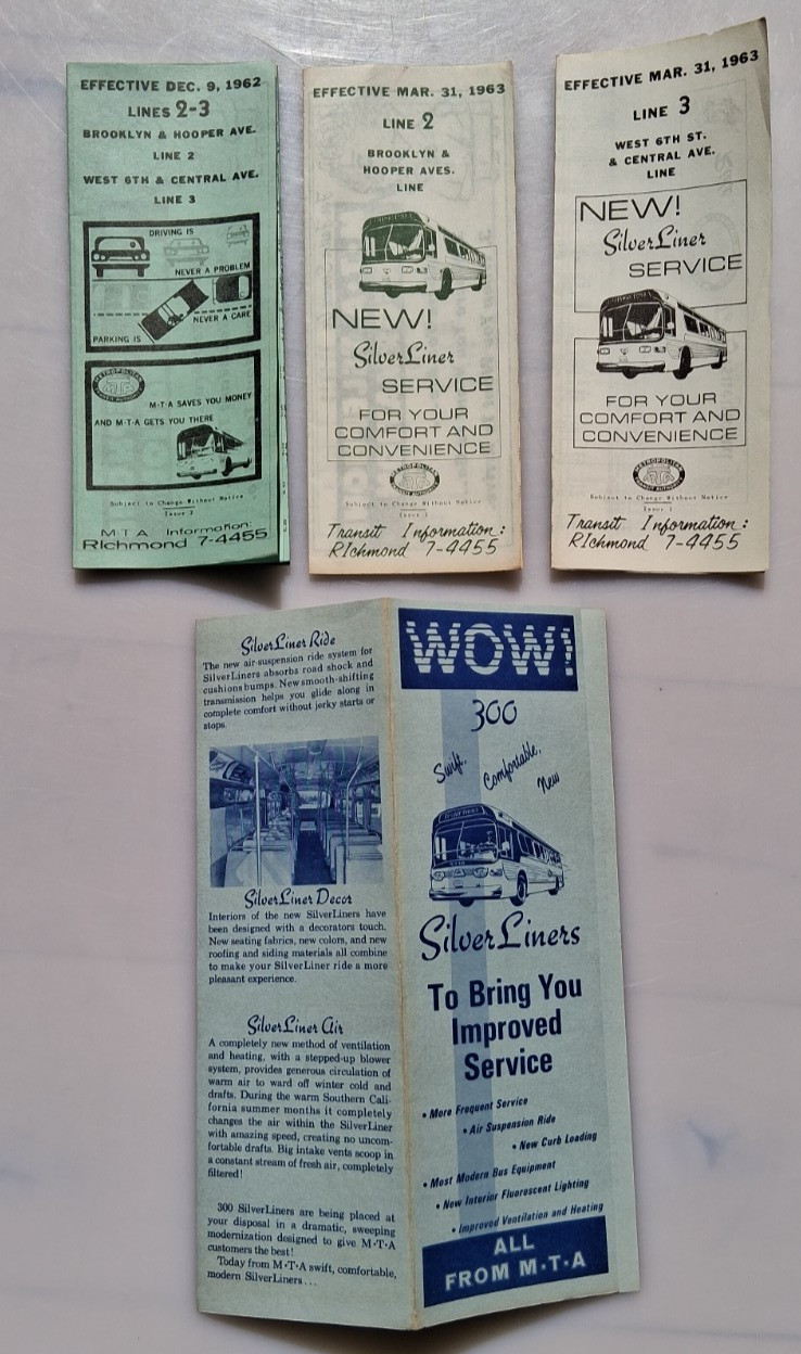 1962 ’63 MTA Los Angeles Bus Schedule Timetable Line 2 & 3 Brochures SilverLiner