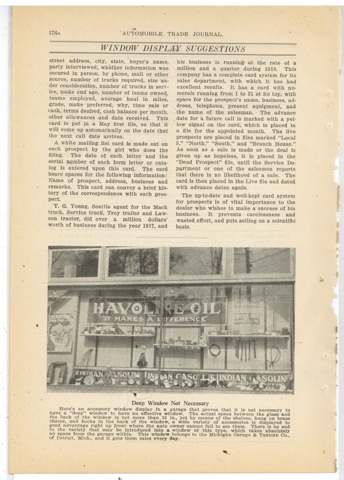 1919 Pic & Caption: Michigan Garage & Taxi Cab Co. Detroit – Havoline Oil