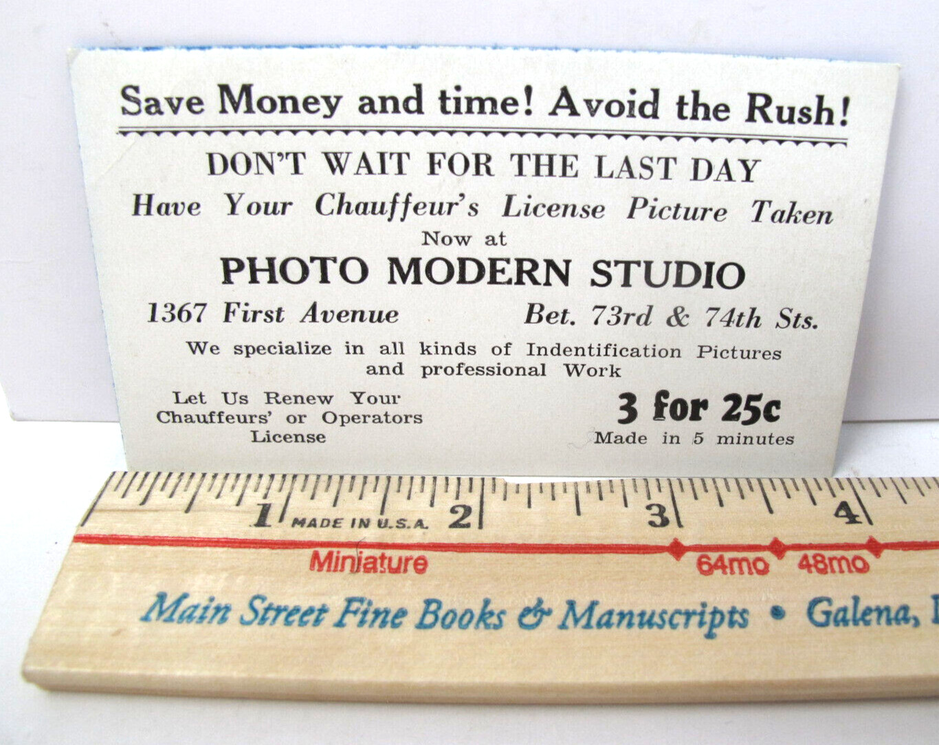 PHOTO MODERN STUDIO New York City CHAUFFEUR Operators License Business Card