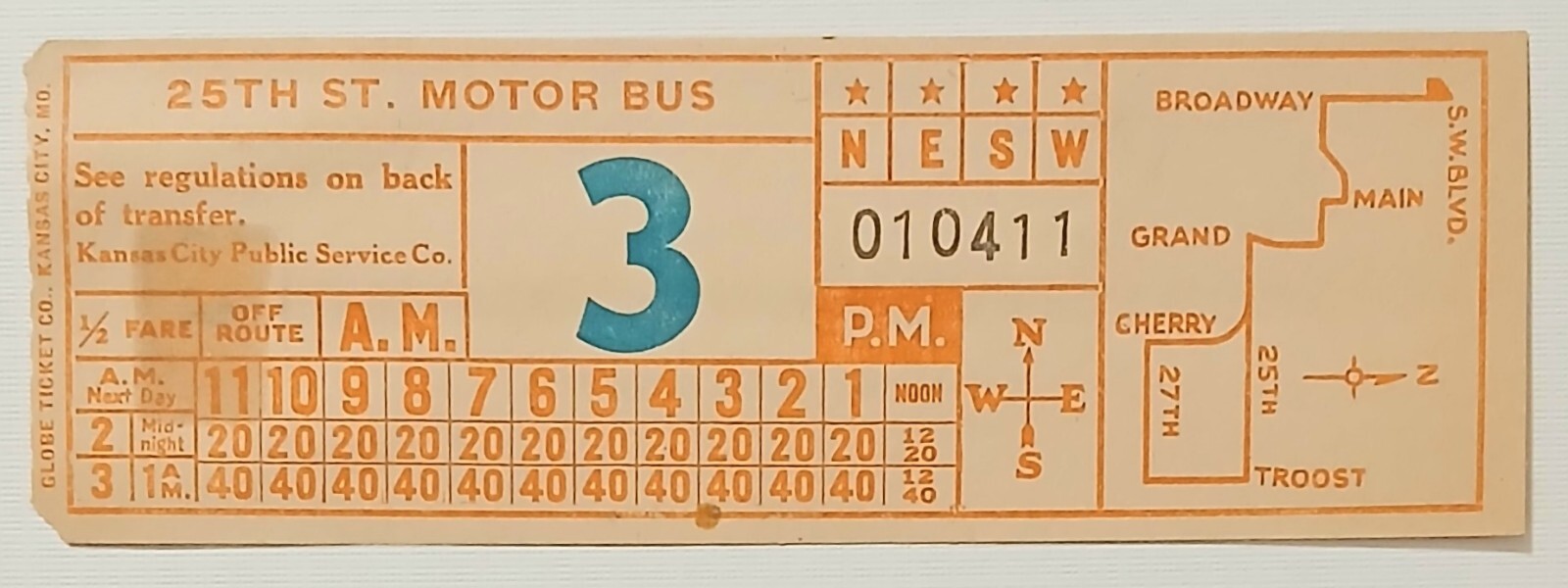 1930s Kansas City Public Service Co. Bus Ticket 25th St. Transfer Run 3