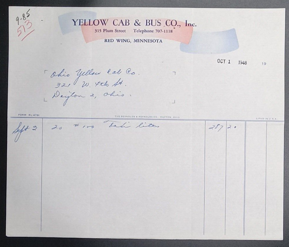 Red Wing Minnesota Yellow Cab Bus Co. Letterhead Bill “Taxi Lites” Vintage 1948