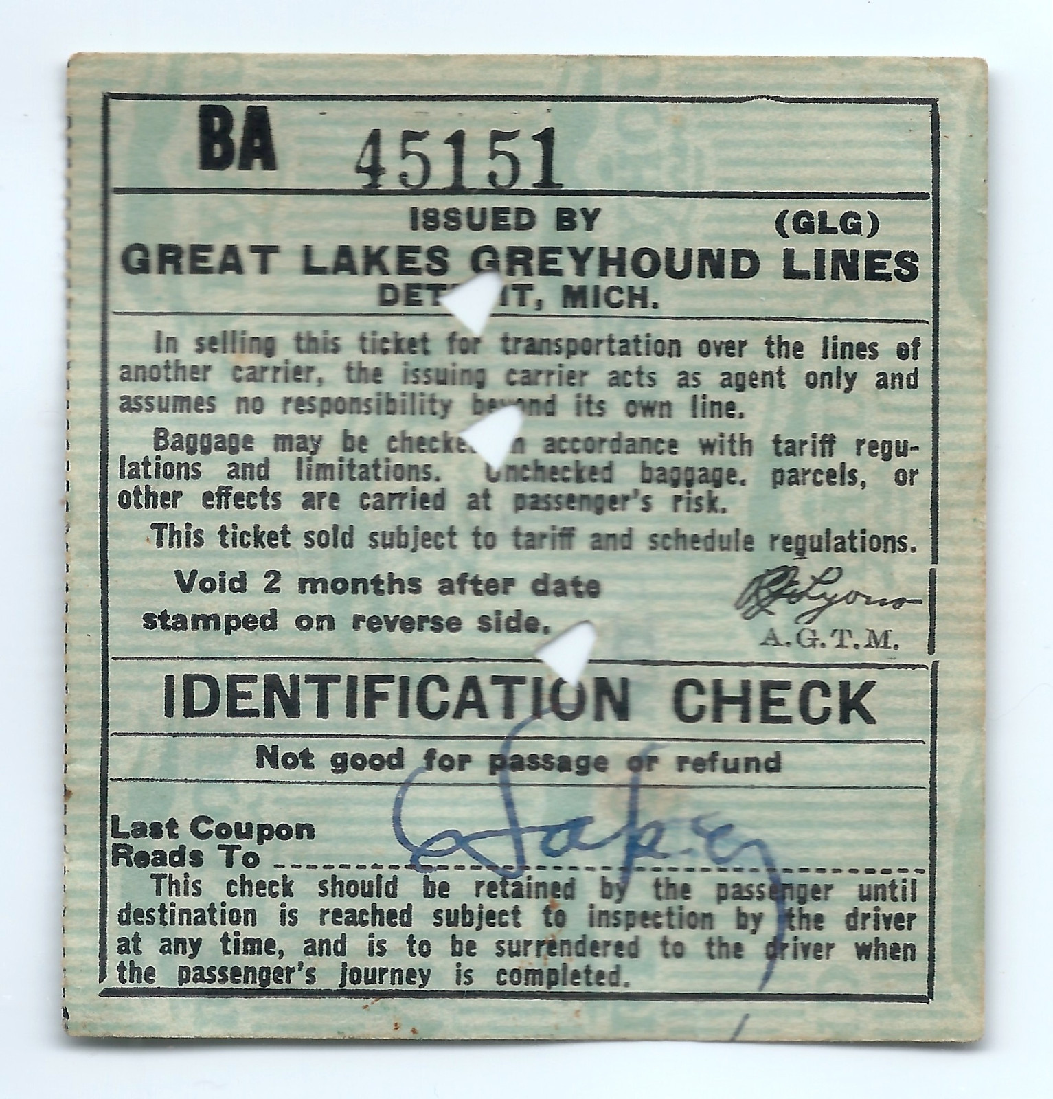 1947 Great Lakes Greyhound Bus Lines ticket, Detroit, Michigan