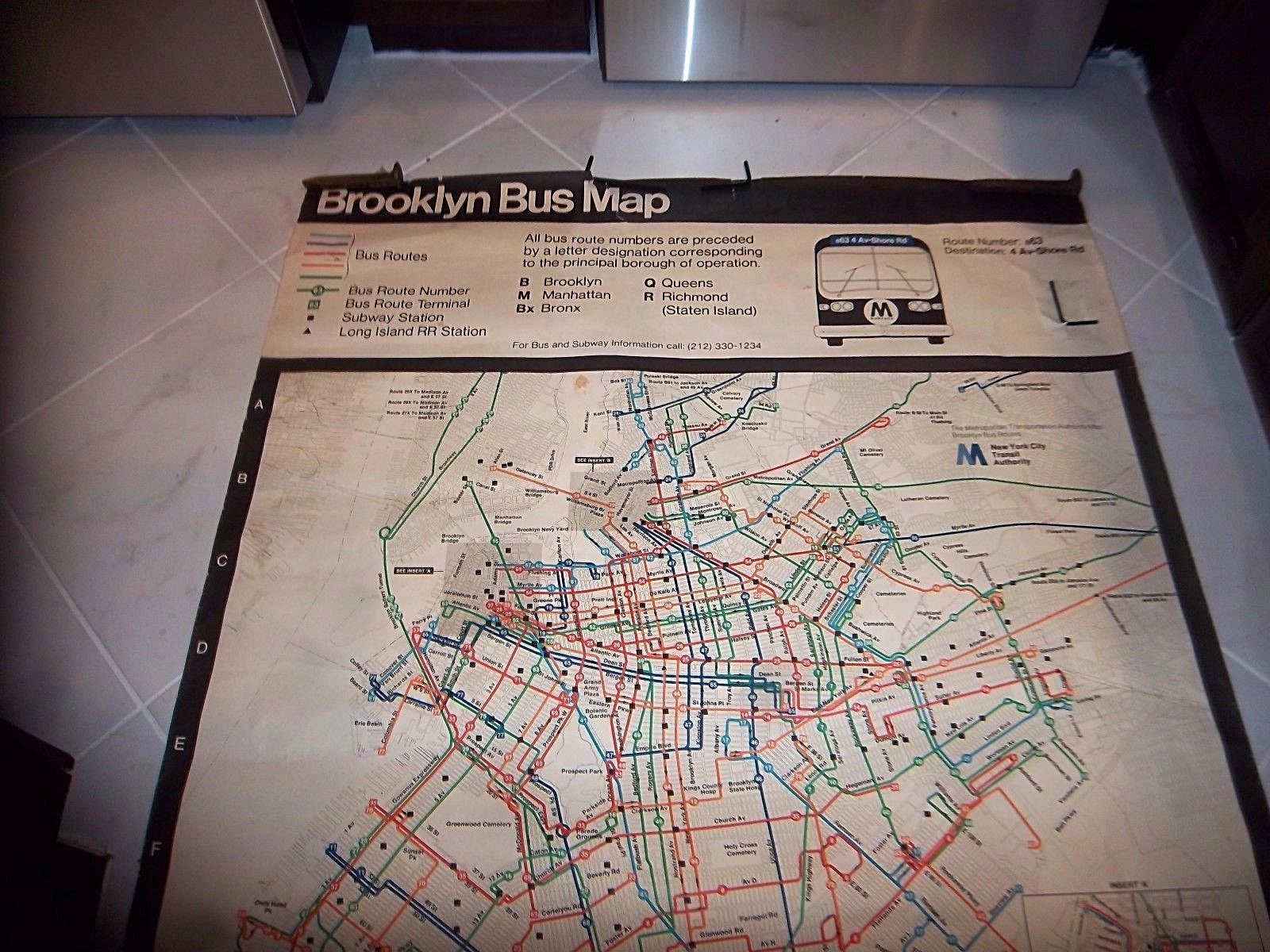1974 58″X45″ BROOKLYN NY NYC BUS MAP CONEY ISLAND BRIGHTON BEACH FLATBUSH AVE NY