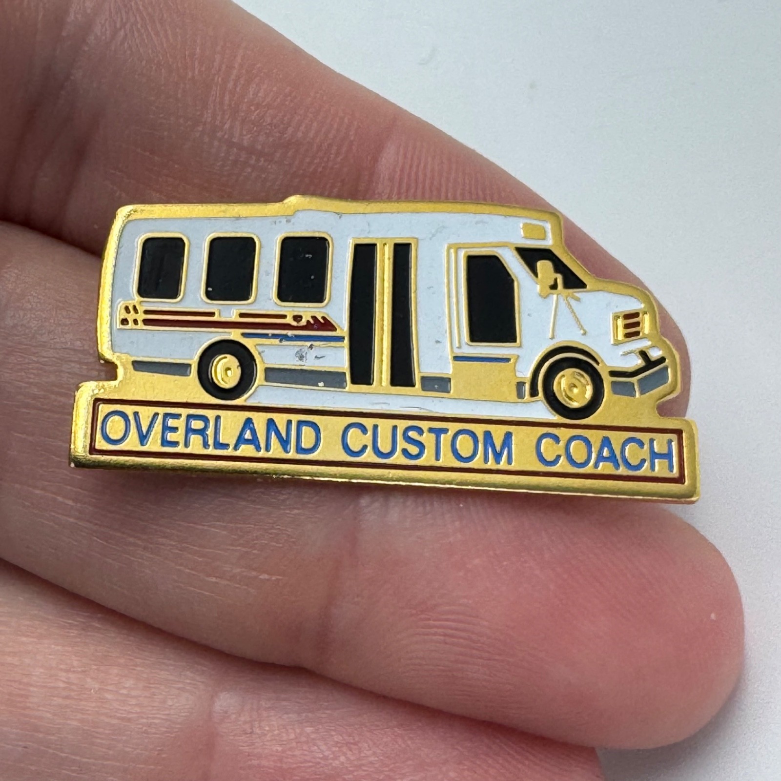 Rare Overland Custom Coach Lapel Pin Shuttle Bus Transit White Gold Vintage
