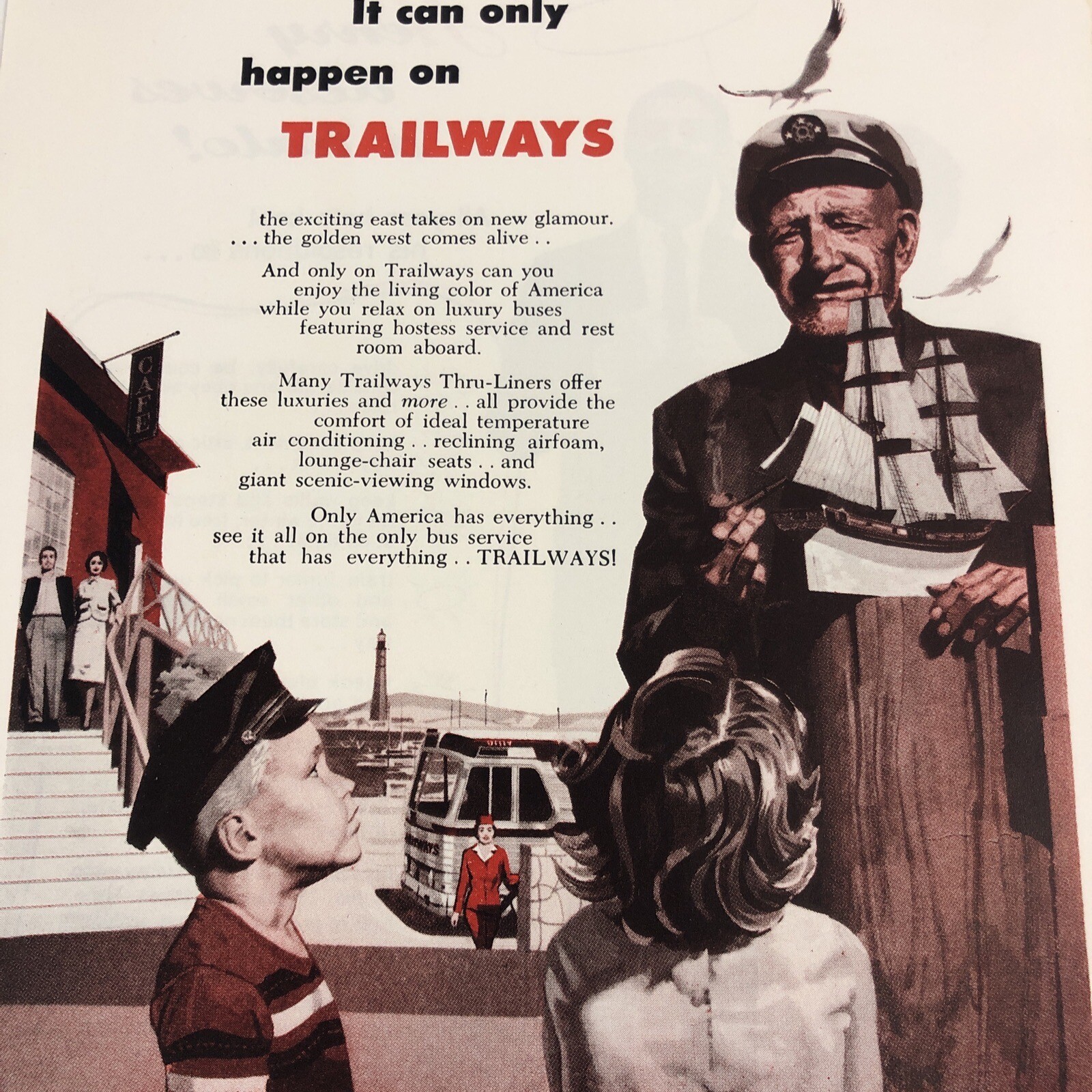 1955 Trailways Bus Line print ad Thru Liners Model Ship Continental Insurance