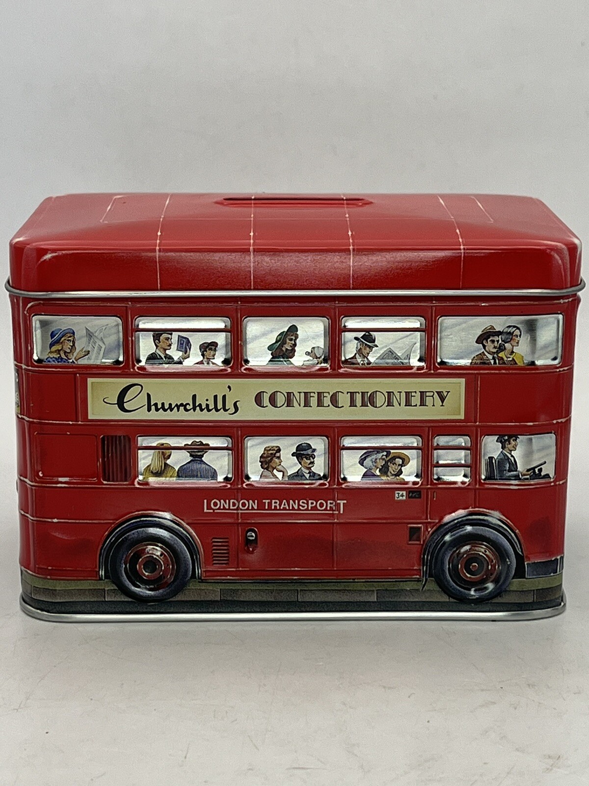 Churchill’s Confectionery London Transport Double Decker Red Bus Tin Coin Bank