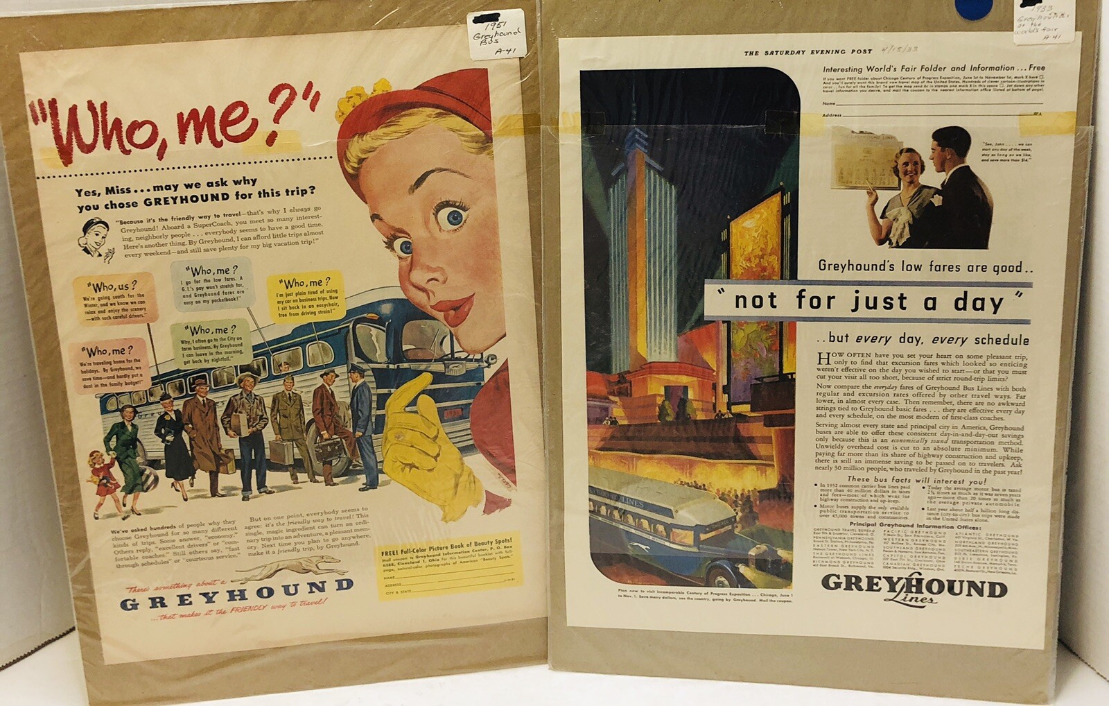 Vintage Greyhound Bus Lines Magazine Ads x2 1933 World’s Fair & 1951