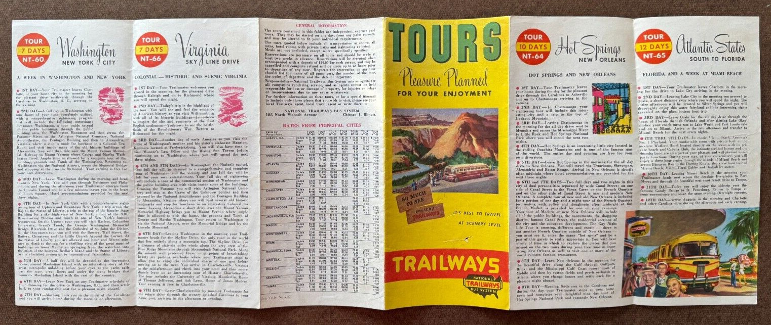 Vintage ca 1950s National Trailways Bus System Brochure Tours Pleasure Planned..