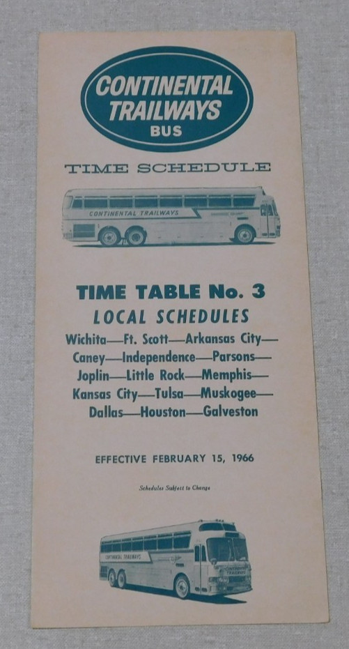 1966 Continental Trailways bus timetable Wichita Ft. Scott Arkansas City