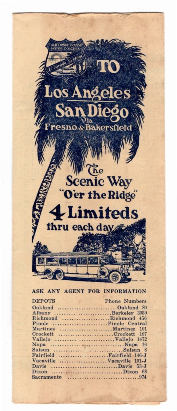 Time sched, MOTOR COACH, w/map, Northern Division, California Transit Co, 1926
