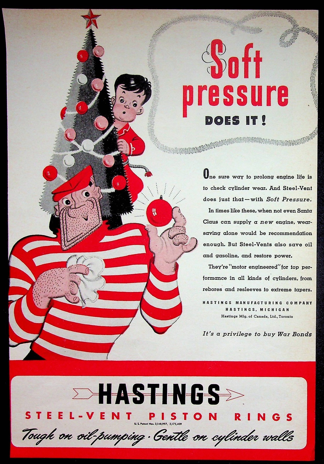 Hastings Steel Vent Piston Rings WWII Bus Ad 1943 Tough Guy Christmas Tree