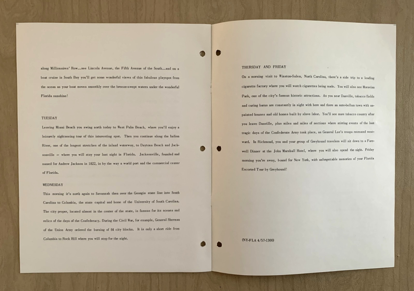 Vintage Greyhound Bus Tour Itinerary 13 days New York to Florida 1950s