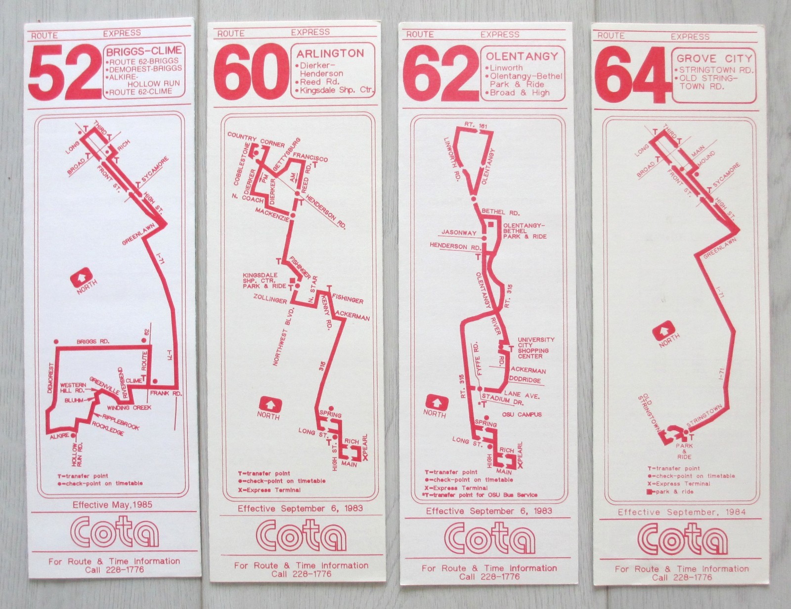 Lot of 4 Vintage 1980s Central Ohio Transit Cota Bus Timetables Columbus Ohio OH