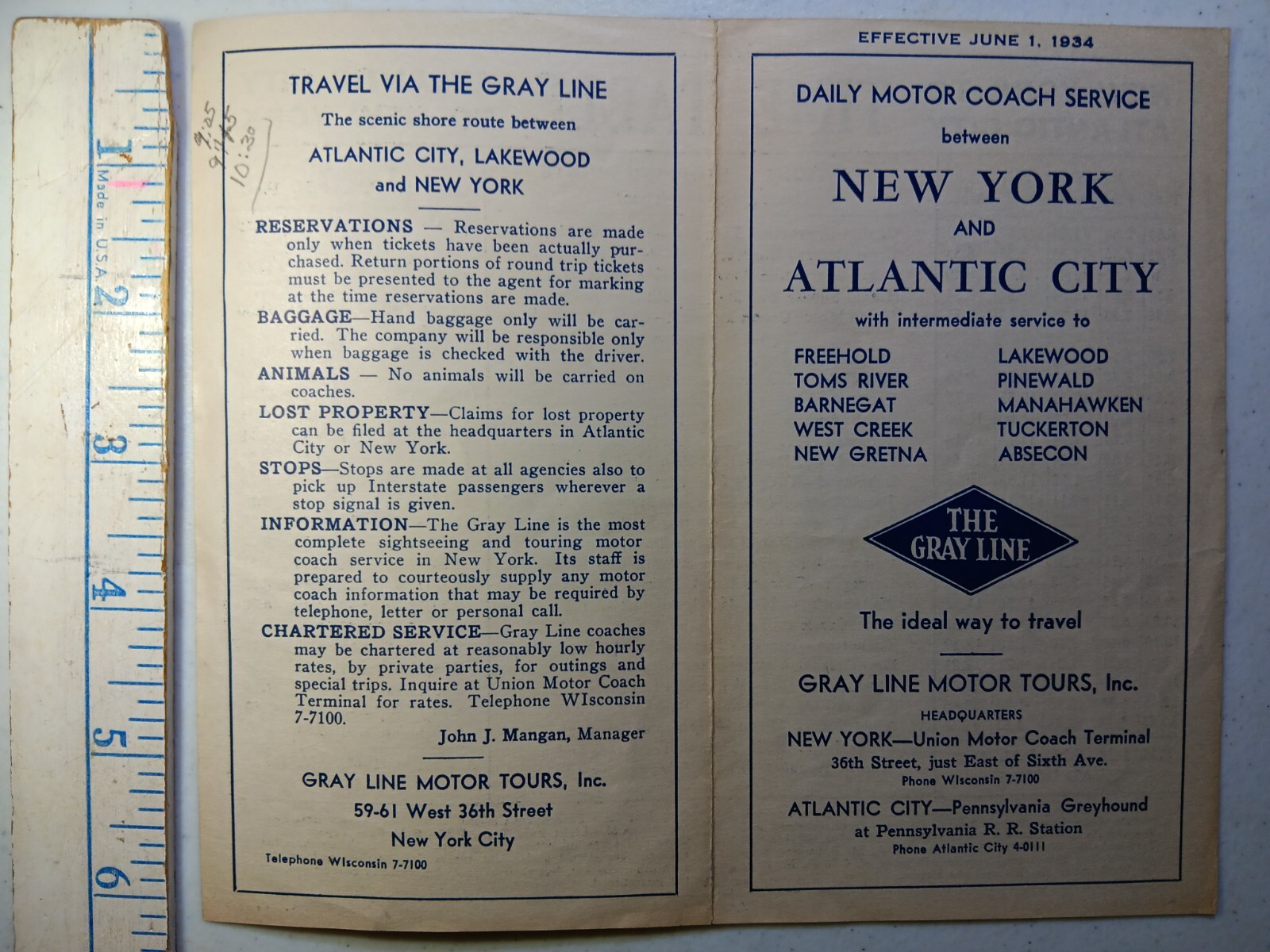 Vintage 1934 Gray Line Motor Tours Timetable, New York City to Atlantic City