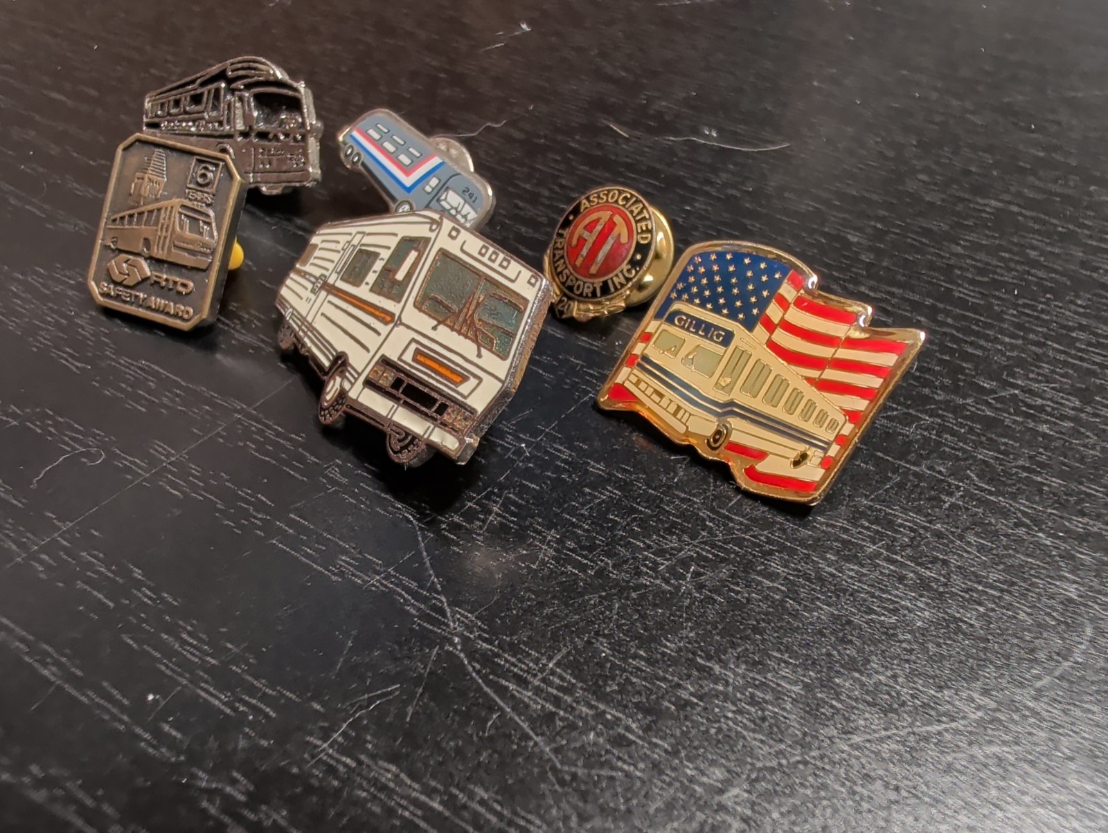Lot of 6 Bus Theme Vintage Lapel Hat Pins Gold Silver Tone Enamel