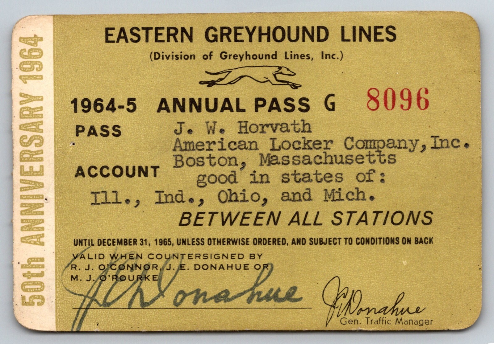 Eastern Greyhound Lines 1964-65 50th Anniversary Annual / Yearly Bus Pass #8096