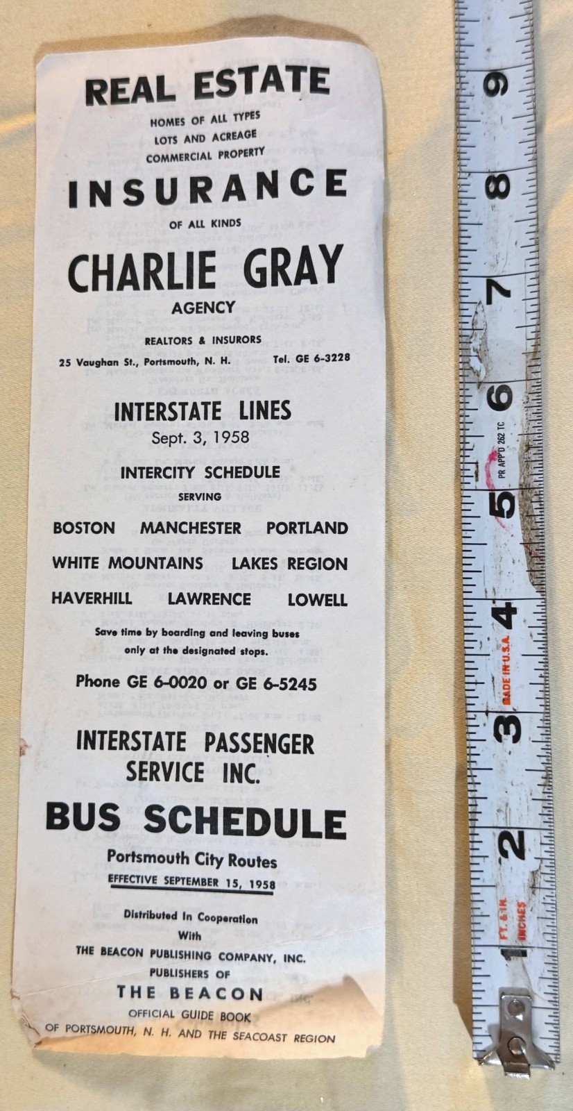 vintage ephemeral 1958 Interstate Passenger Service Inc. bus schedule NH
