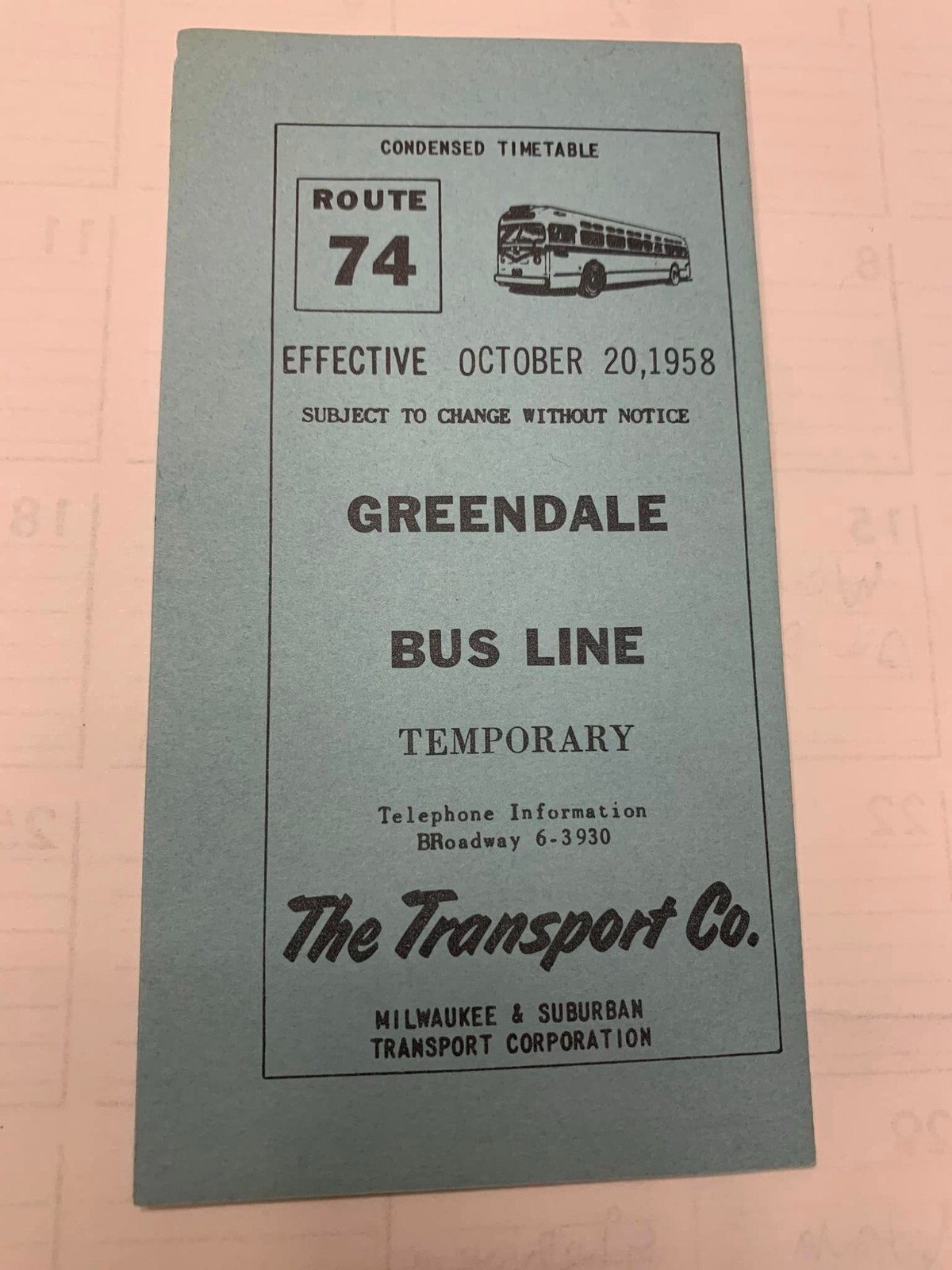 RARE VINTAGE MILWAUKEE BUS SCHEDULE RT 58 1958