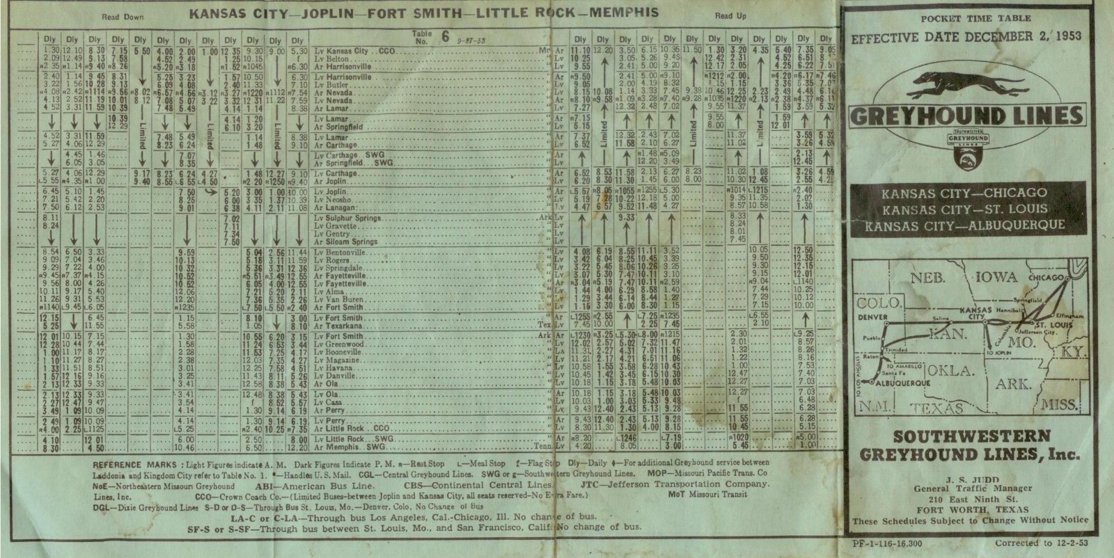 Dec 2 1953 Southwestern Greyhound Bus Lines pocket time table