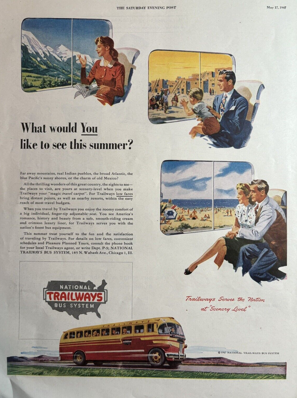 1947 National Trailways Bus System Travel summer Chicago Vintage Print Ad