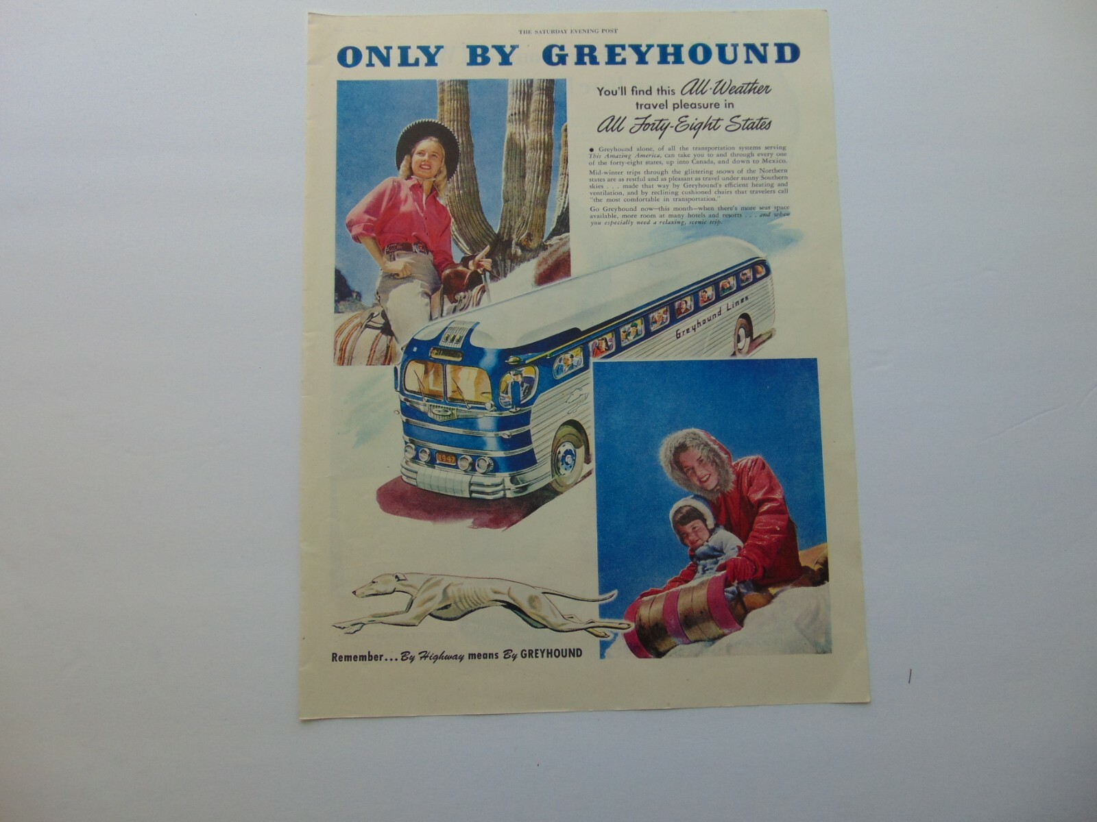 1947 GREYHOUND BUS All Weather Travel To All 48 States print ad