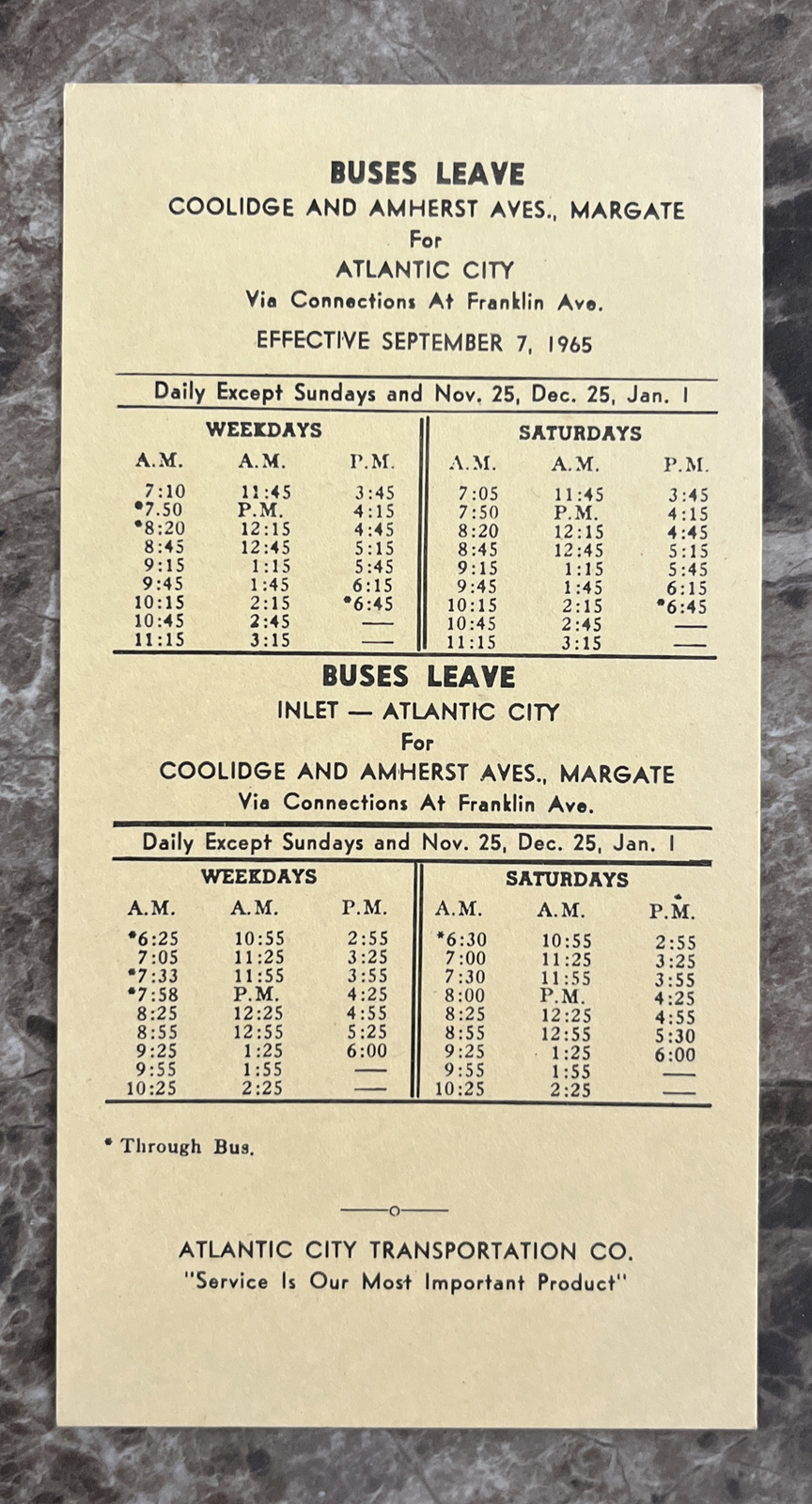 Sept 7, 1965 Atlantic City Transportation Company Margate AC Bus Schedule