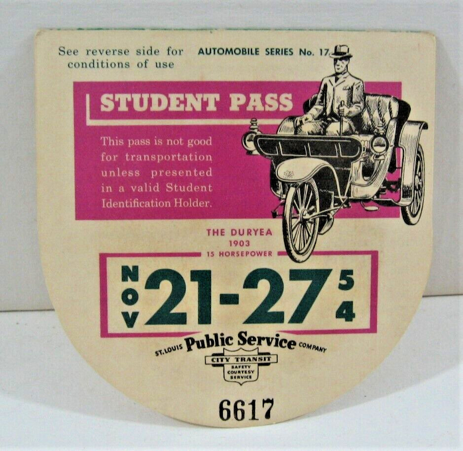 1954 St Louis Public Sedvice Co Student Bus Pass 1903 The Duryea Car Image