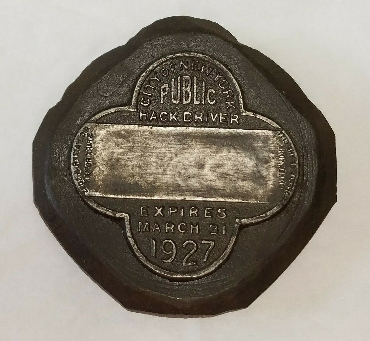 RARE 1927 New York Taxi Cab Taxicab Badge Die