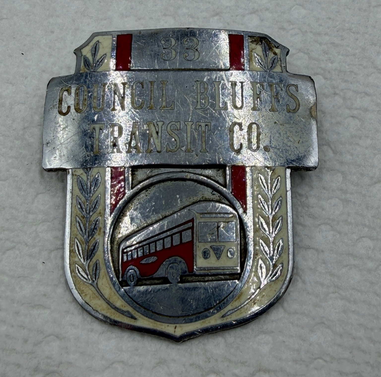 RARE Vintage 1948-57 Council Bluffs Transit Co Bus Driver Cap Badge #33 Iowa