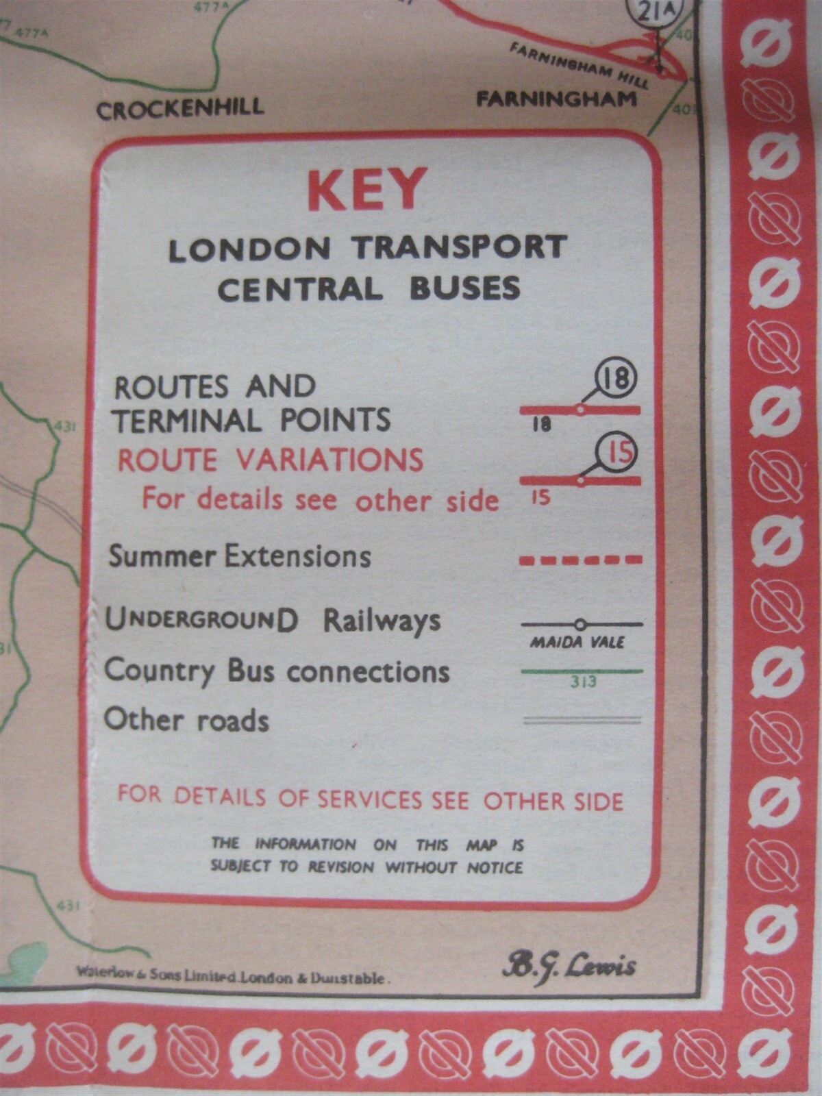 1964 LONDON TRANSPORT B.G. Lewis Map Bus Routes Terminal Points Underground