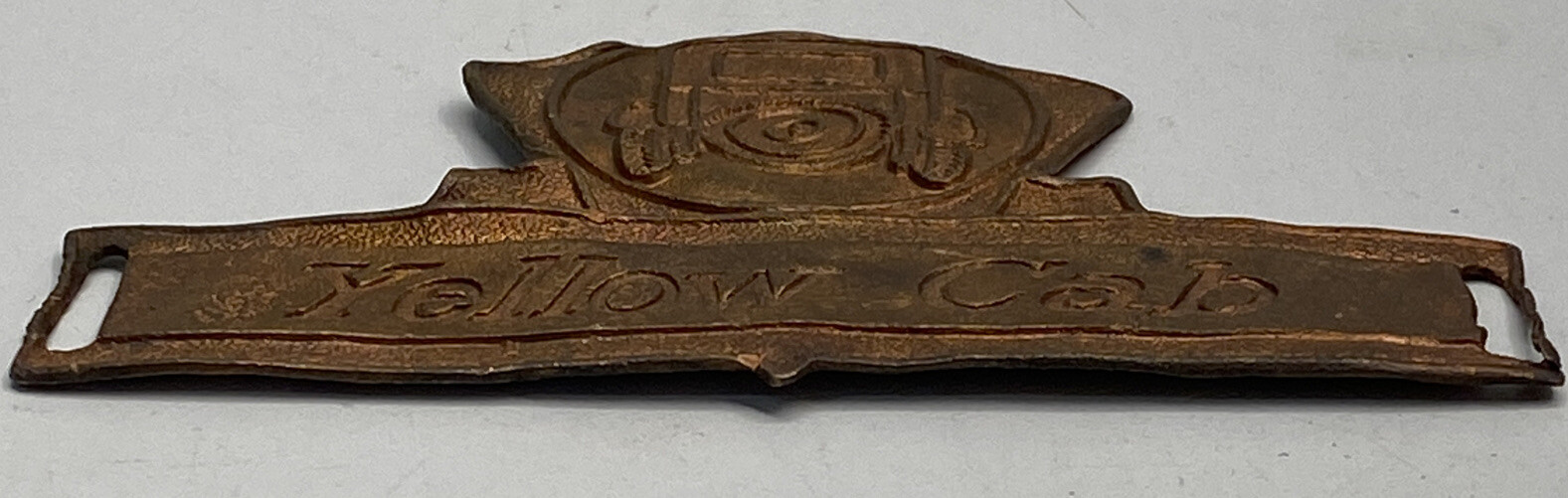 VINTAGE 1920S COPPER YELLOW CAB DRIVERS HAT BADGE GAS OIL ADVERTISING