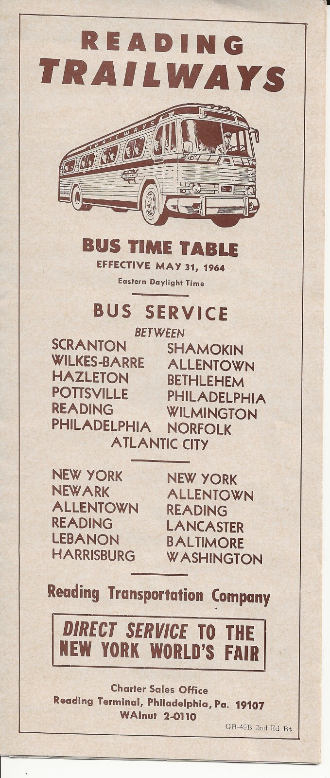 1964 Reading Trailways PA Pennsylvania bus time table fold brochure Worlds Fair