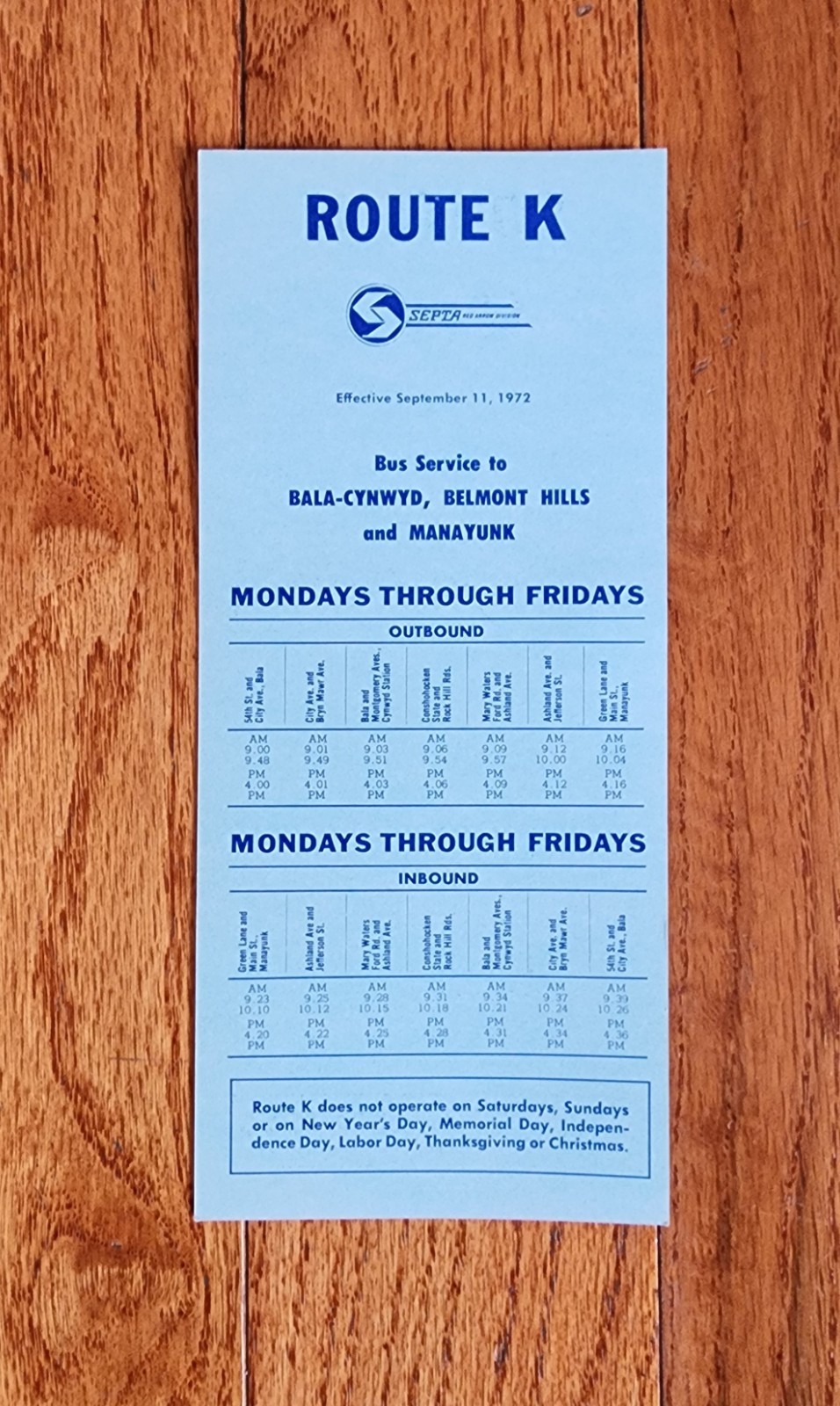 1972 SEPTA BUS TIME TABLE ROUTE K PHILADELPHIA PA