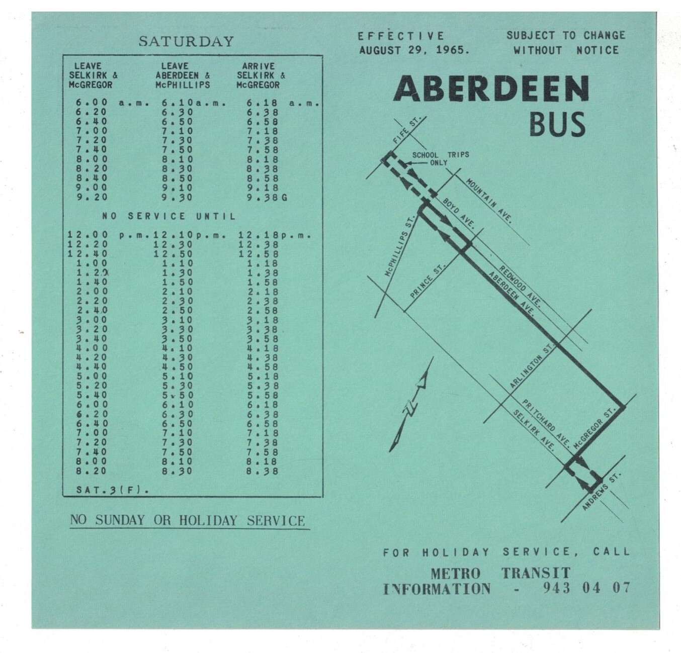 1965 Winnipeg Canada Bus Schedule and Route Map Aberdeen