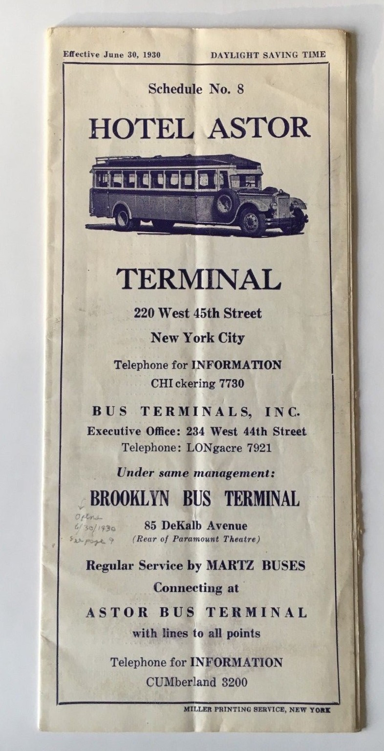 Vintage 1930 Hotel Astor New York City Bus Motor Coach Timetable Brochure Martz
