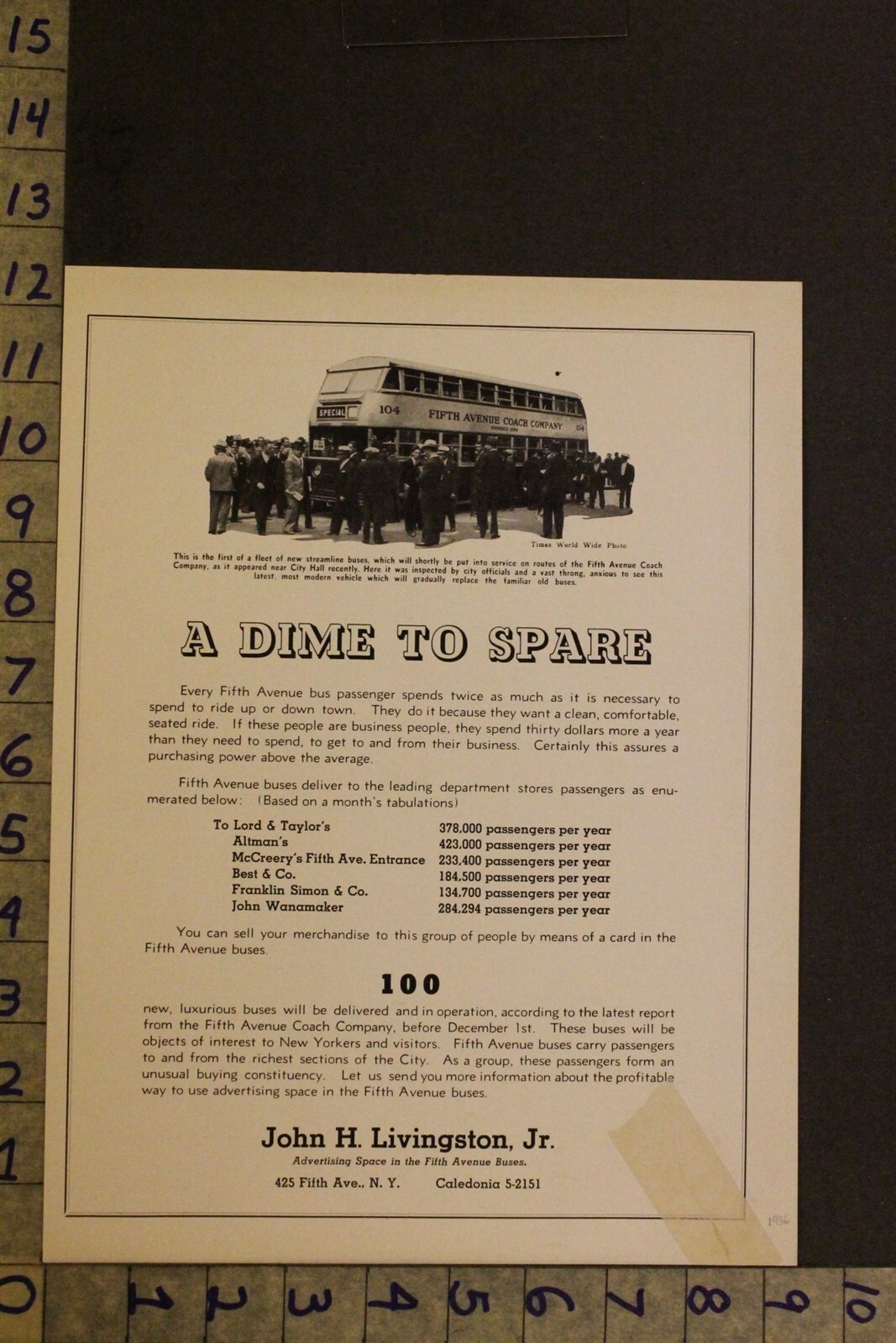 1936 FIFTH AVENUE COACH COMPANY BUS NEW YORK ADVERTISEMENT DOUBLE DECKER AD WG36