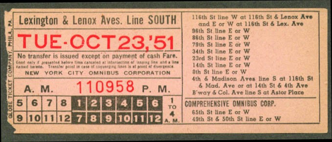 New York City Omnibus Lexington Lenox transfer 1951