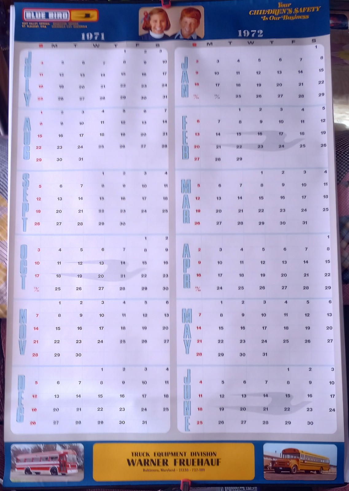 1971-72 Bluebird School Bus Calendar From Warner Fruehauf In Baltimore Maryland