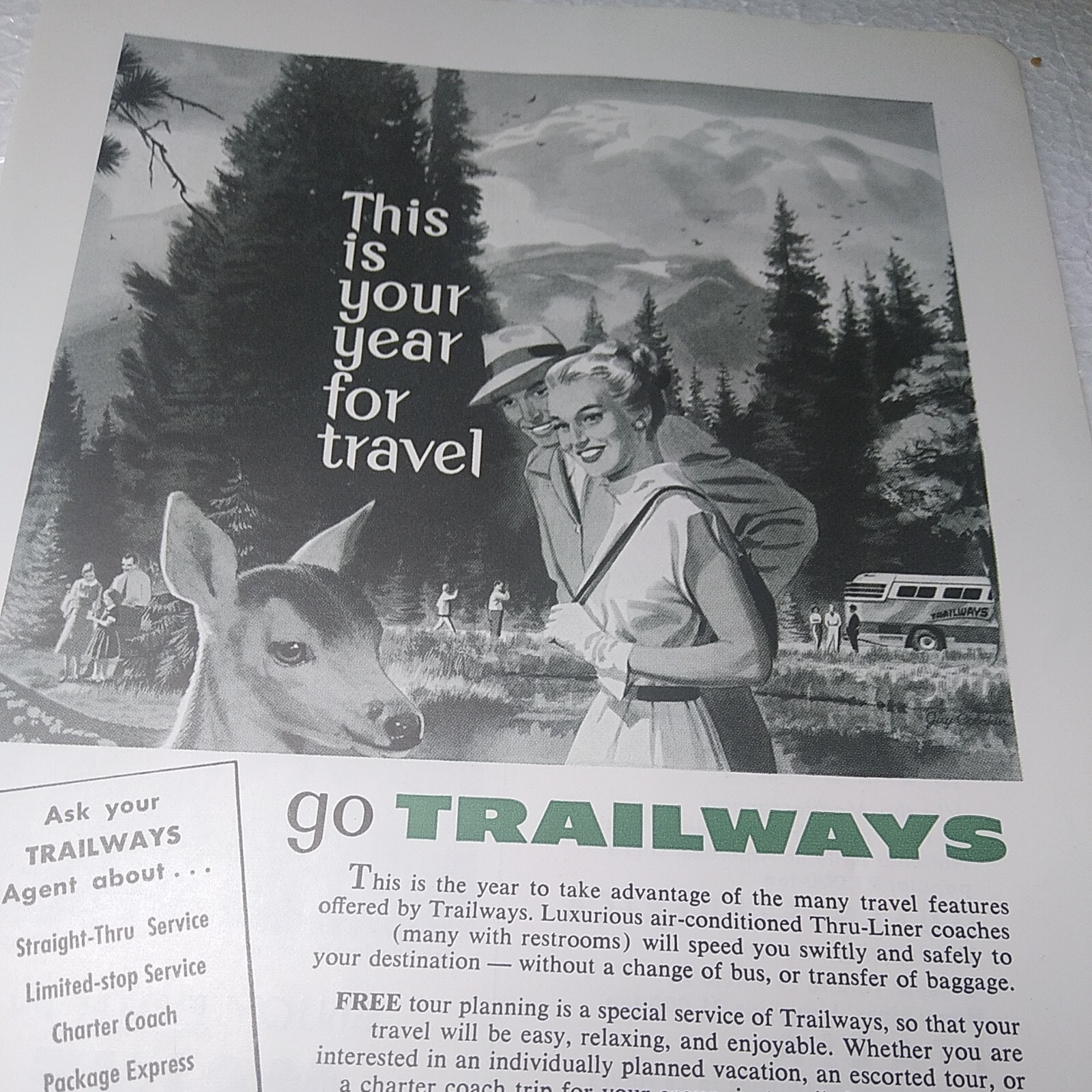 2 Trailways Bus Lines Print Ads 1950s 6.5×9.5″ FLIPSIDE Leica M3 Camera