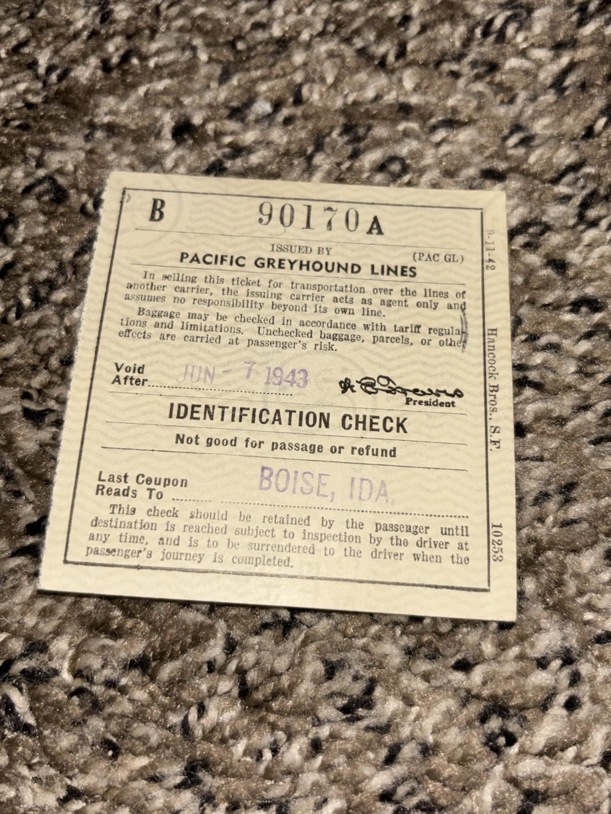 Vintage 1943 Pacific Greyhound Lines Bus Ticket Transportation WW2 Boise Idaho