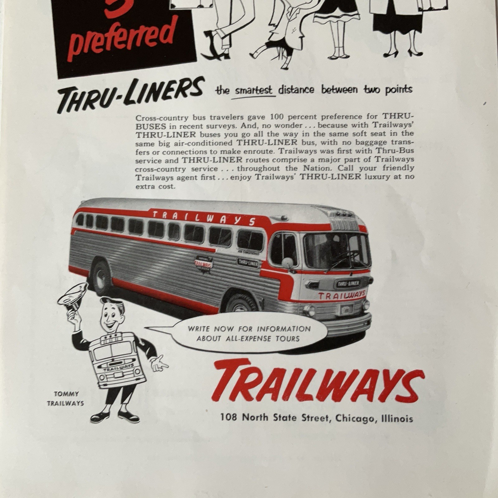 Trailways Thru-Liner Bus Tommy Trailways 1953 Magazine Print Ad 10″ x 6-1/2″ New