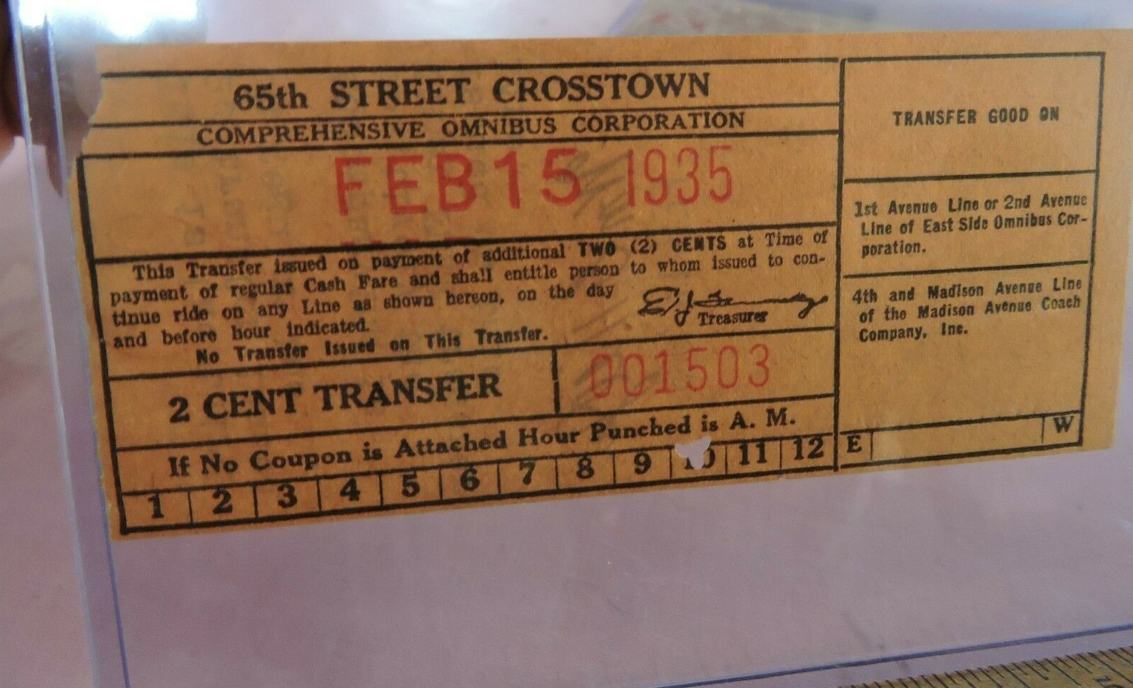 1935 New York City Comprehensive Omnibus Bus Transfer 65th Street Crosstown