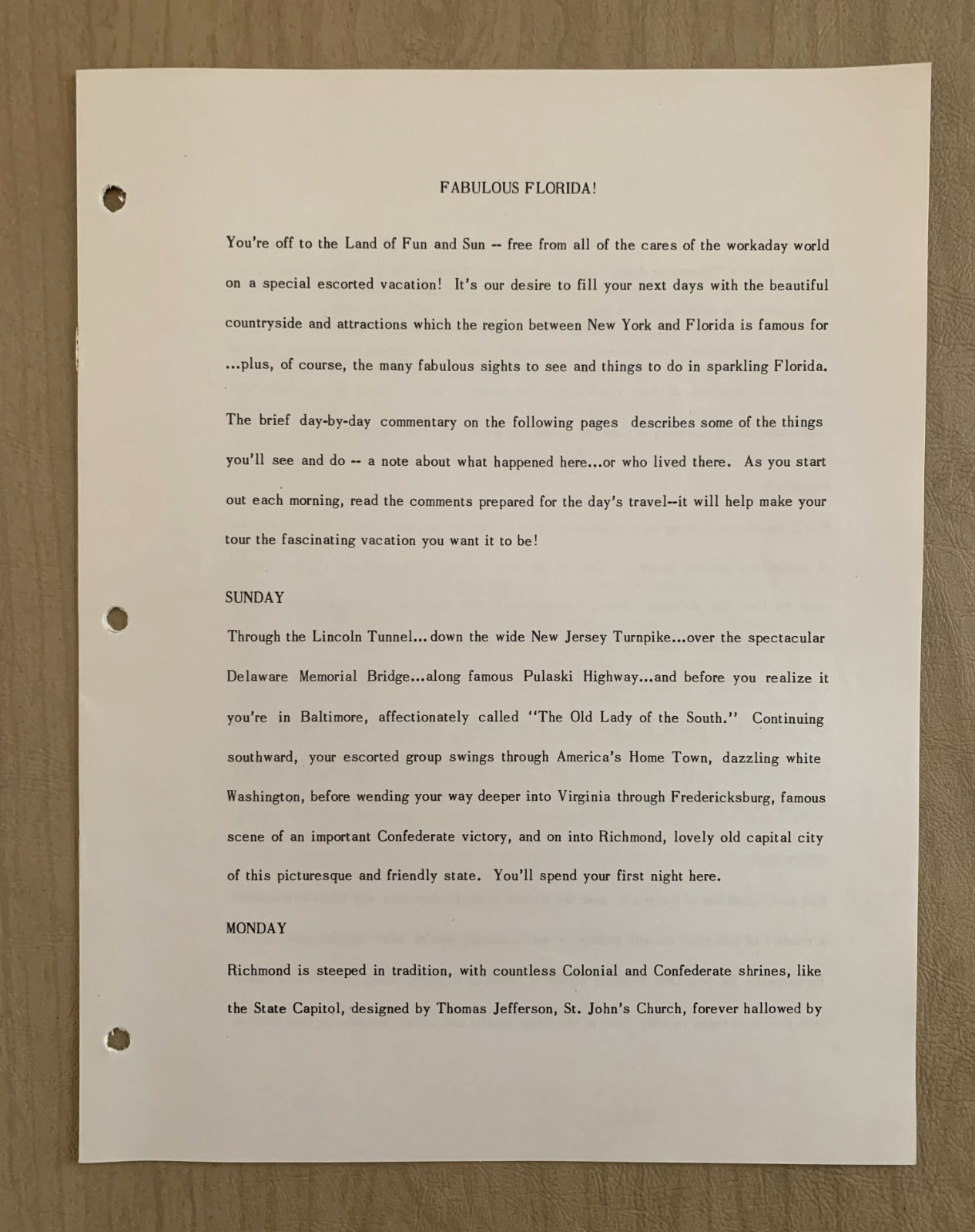 Vintage Greyhound Bus Tour Itinerary 13 days New York to Florida 1950s