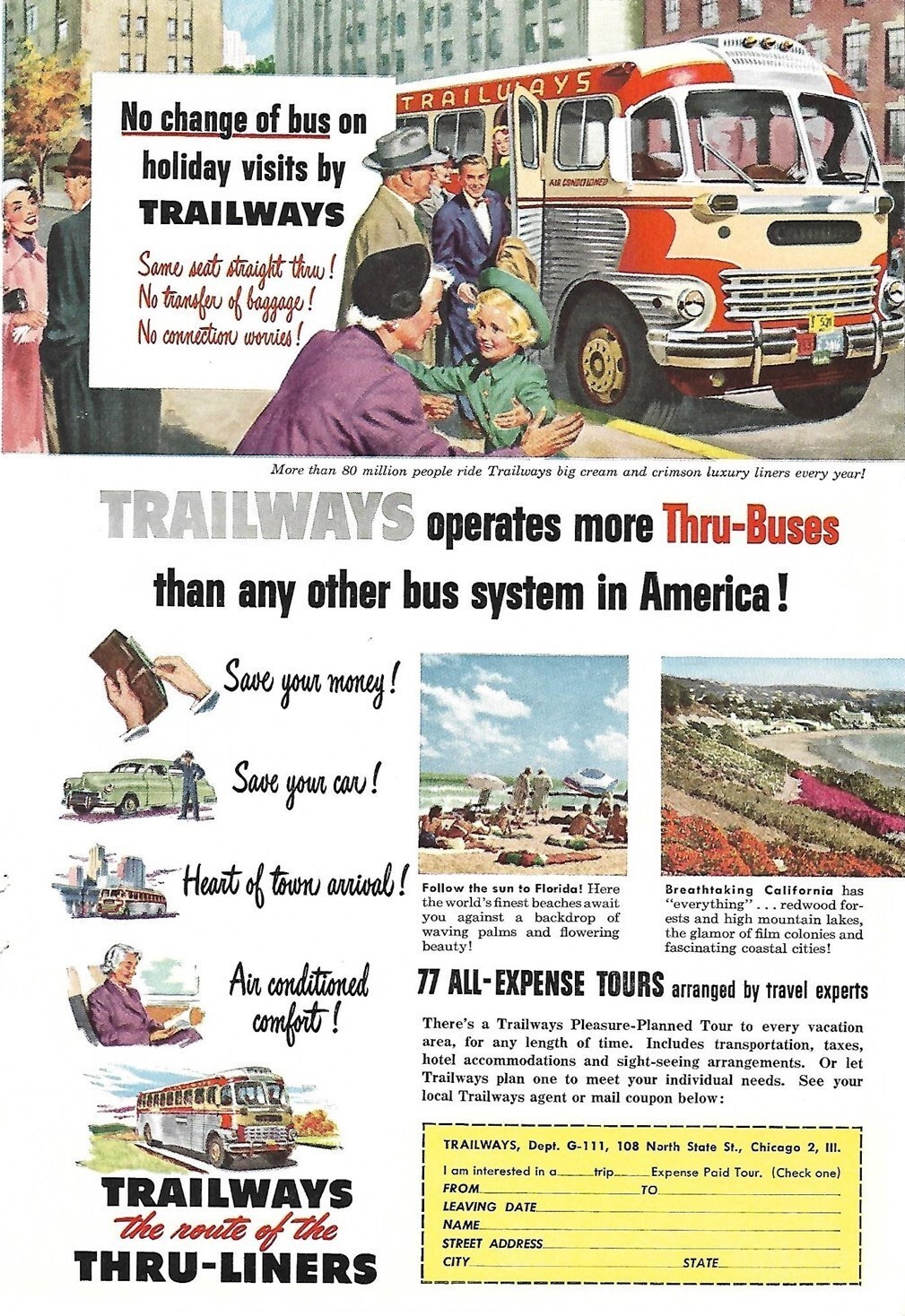 Full-Color 1951 TRAILWAYS THRU-LINER BUS Ad All-Expense Tours Florida California
