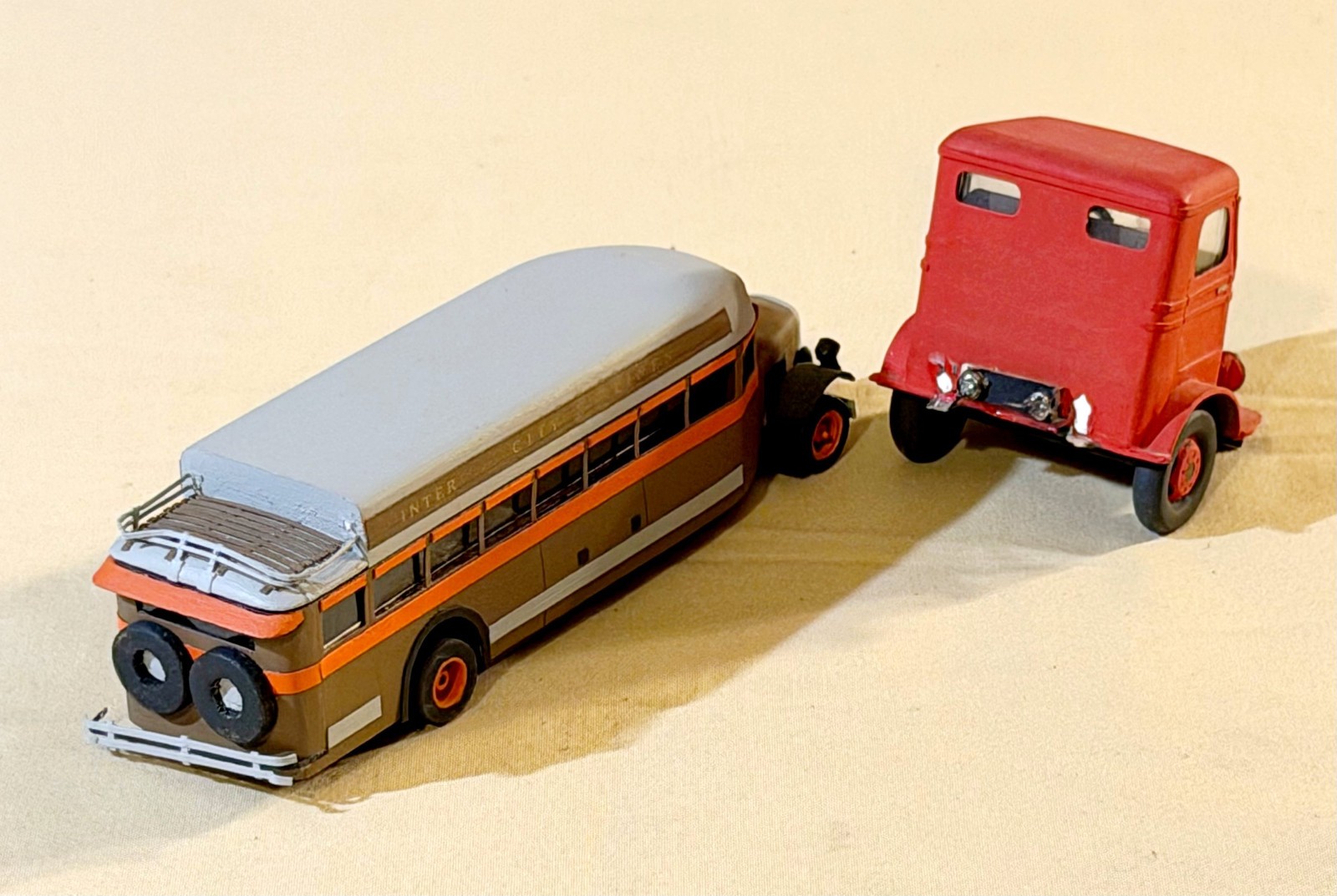 Handmade Vintage Slot Car Models: White COE Truck & 1930s Mack Intercity Bus