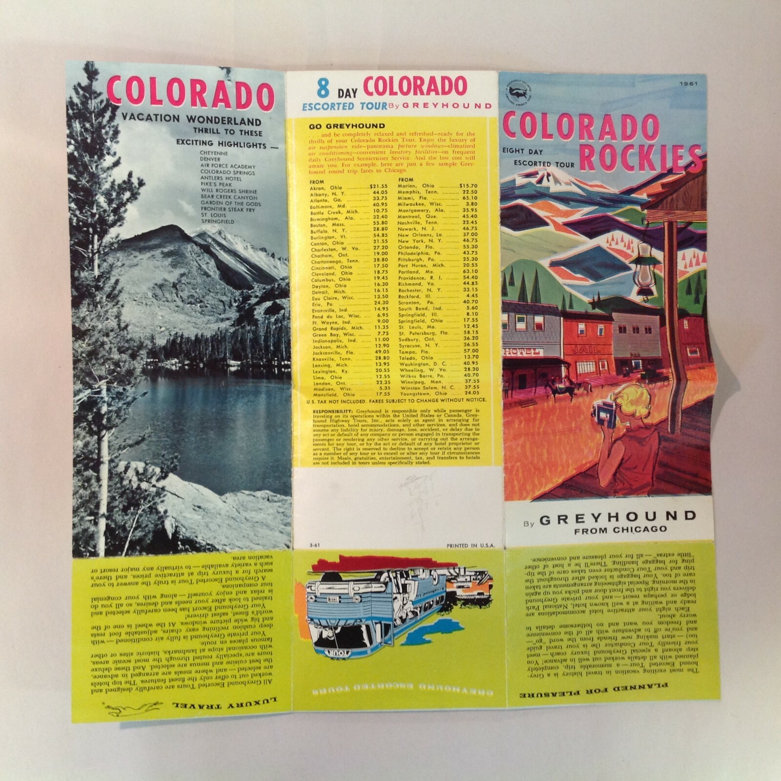 Vintage 1961 Brochure Colorado Rockies 8 Day Escorted Tour by Greyhound Chicago