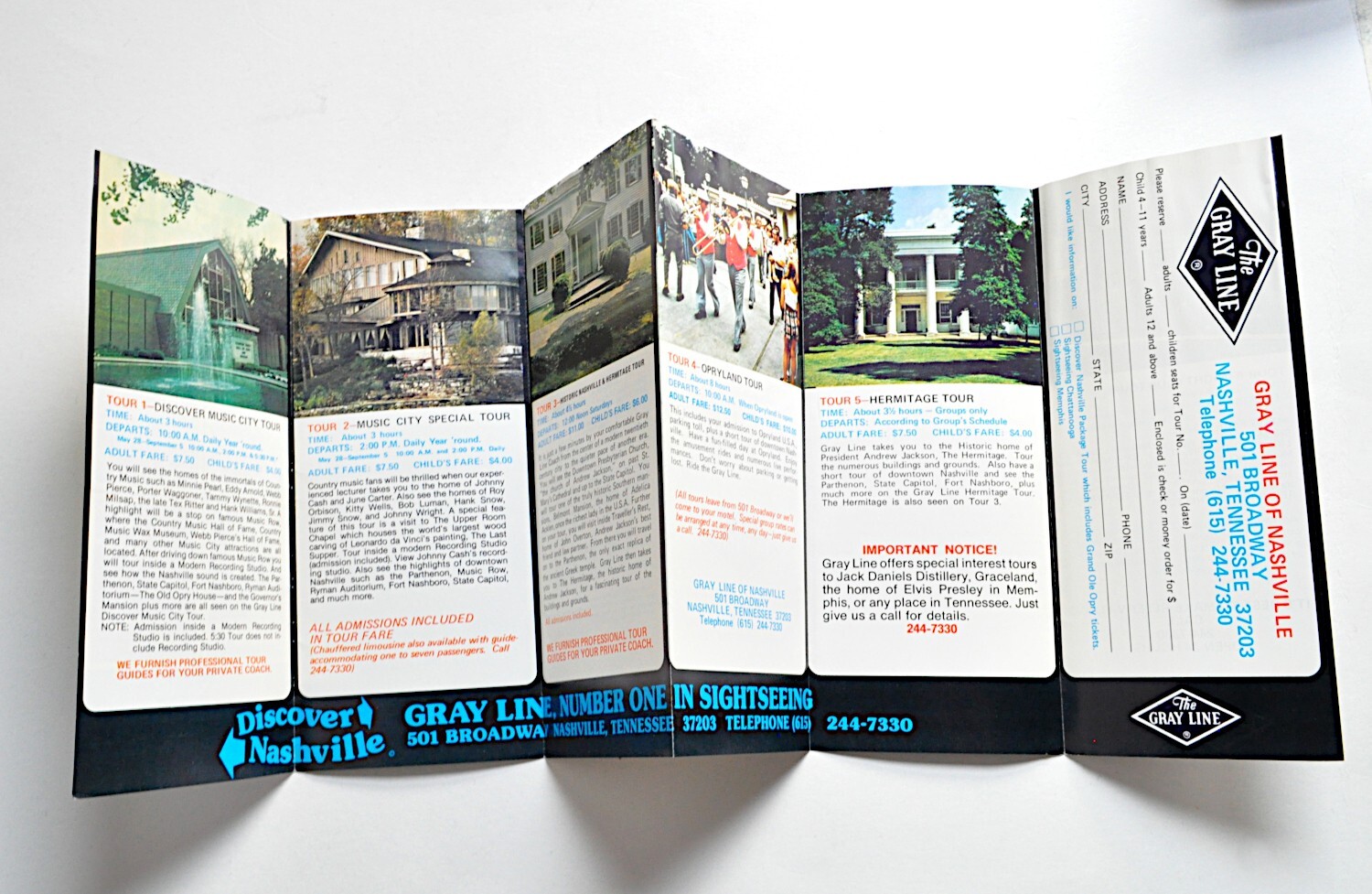 Gray Line Sightseeing Nashville Color Brochure KY Bus Tour Opry Homes Stars 70s