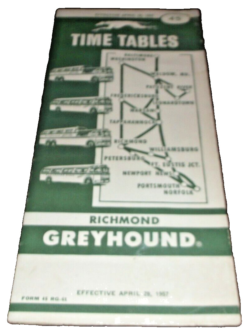 APRIL 1957 RICHMOND GREYHOUND PUBLIC TIMETABLE