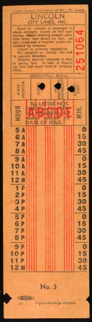 Lincoln City Lines Lincoln NE bus transfer 1949