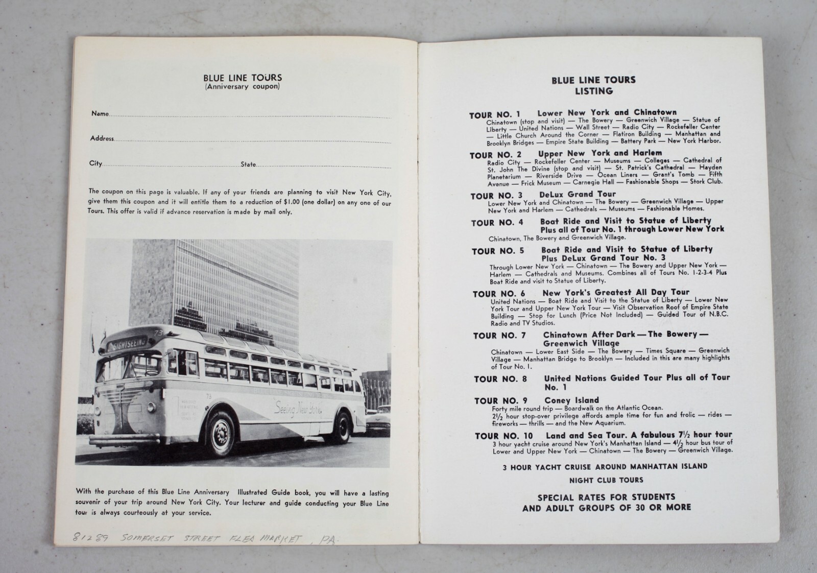 Vintage 1950s Blue Line Bus Tours New York Travel Guide Statue of Liberty